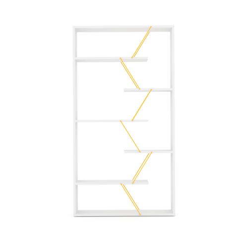 AEELLEEA White Geometric Open Bookshelf, 33"W x8.6"D x62"H, Display Shelf with Gold Metal Accents for Living Room