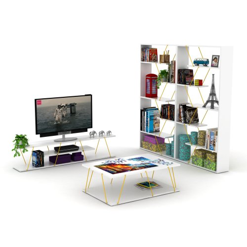 AEELLEEA White Geometric Open Bookshelf, 33"W x8.6"D x62"H, Display Shelf with Gold Metal Accents for Living Room