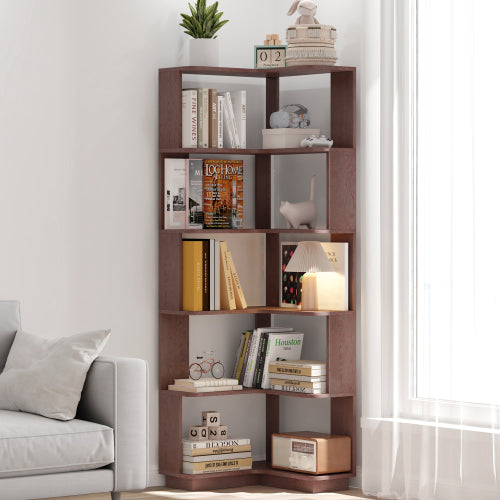 AEELLEEA 5-Tier Corner Bookshelf, 64.57"H Wooden L-Shaped Storage Rack, Brown Freestanding Display Shelf for Living Room