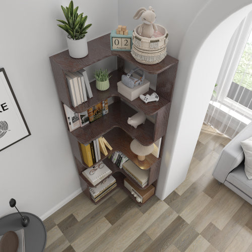 AEELLEEA 5-Tier Corner Bookshelf, 64.57"H Wooden L-Shaped Storage Rack, Brown Freestanding Display Shelf for Living Room