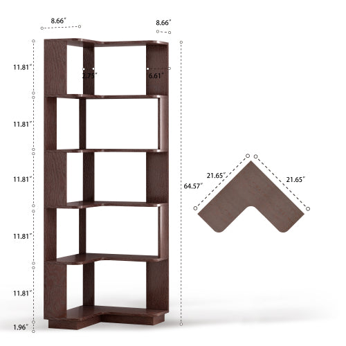 AEELLEEA 5-Tier Corner Bookshelf, 64.57"H Wooden L-Shaped Storage Rack, Brown Freestanding Display Shelf for Living Room