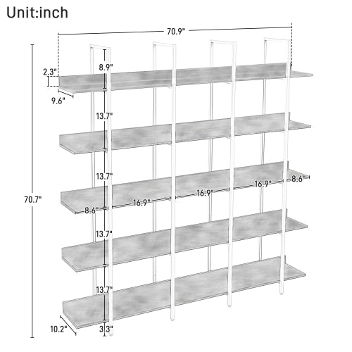 AEELLEEA 5-Tier Black Industrial Bookshelf, 70.9"W x70.7"H Open Display Rack, Metal Frame Room Divider Shelf