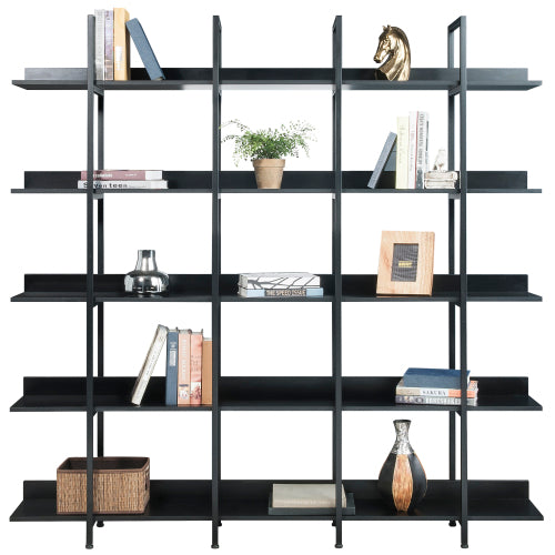 AEELLEEA 5-Tier Black Industrial Bookshelf, 70.9"W x70.7"H Open Display Rack, Metal Frame Room Divider Shelf