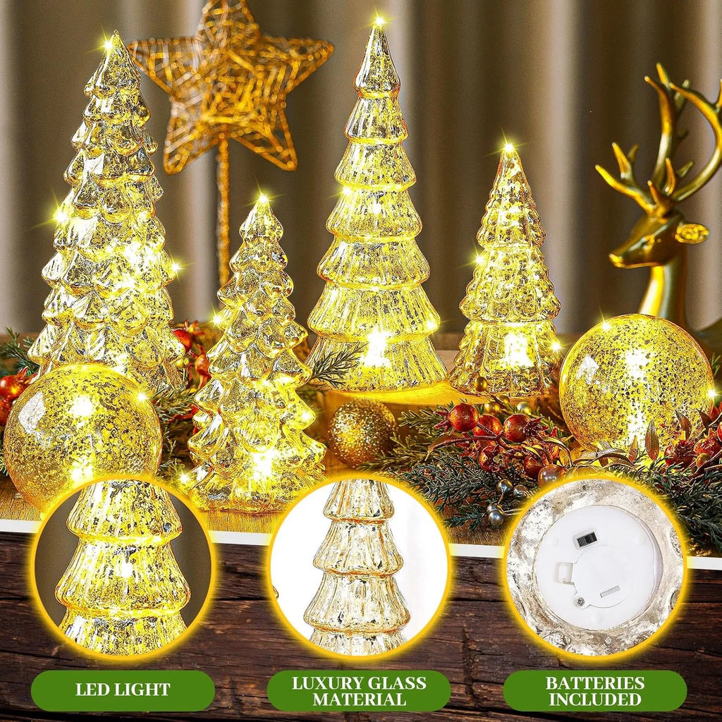 6 Pcs Lighted Mercury Glass Christmas Tabletop Decor, LED Glowing Christmas Tree & Crackle Glass Globe Set, Golden Xmas Centerpiece Mantel Ornament for Holiday Home Party Gift