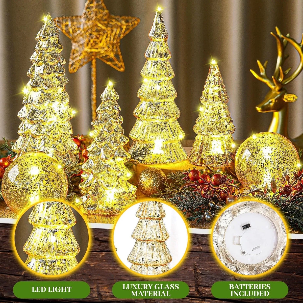 6 Pcs Lighted Mercury Glass Christmas Tabletop Decor, LED Glowing Christmas Tree & Crackle Glass Globe Set, Golden Xmas Centerpiece Mantel Ornament for Holiday Home Party Gift