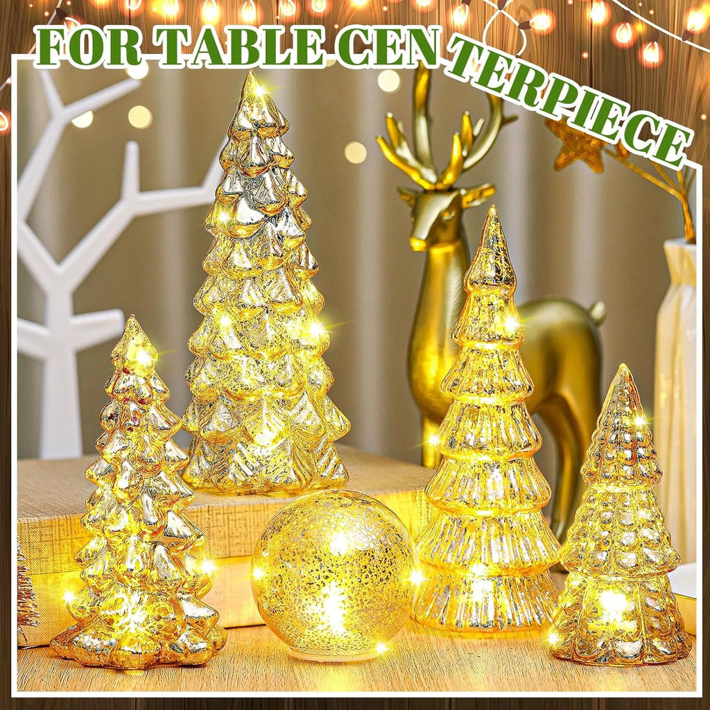6 Pcs Lighted Mercury Glass Christmas Tabletop Decor, LED Glowing Christmas Tree & Crackle Glass Globe Set, Golden Xmas Centerpiece Mantel Ornament for Holiday Home Party Gift