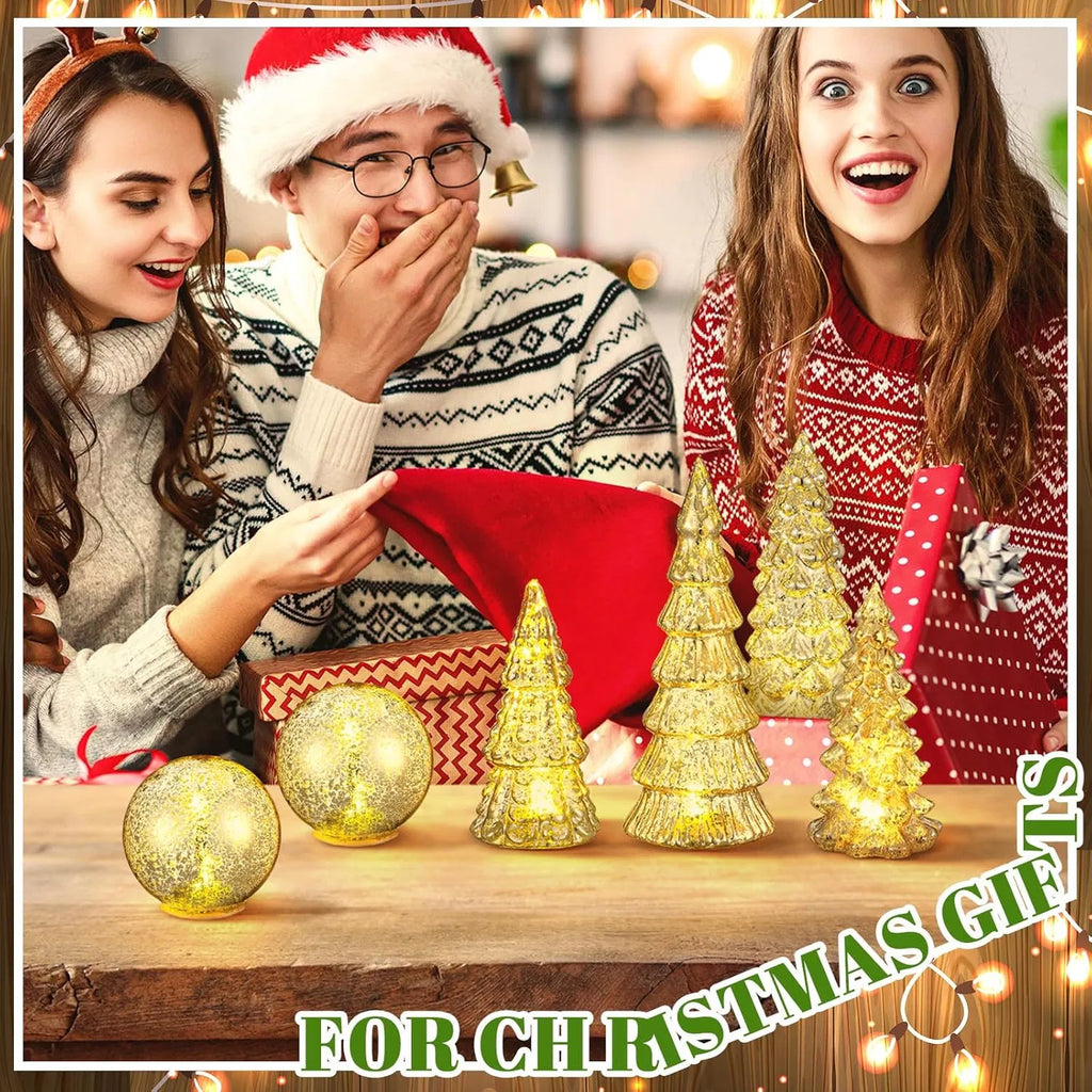 6 Pcs Lighted Mercury Glass Christmas Tabletop Decor, LED Glowing Christmas Tree & Crackle Glass Globe Set, Golden Xmas Centerpiece Mantel Ornament for Holiday Home Party Gift