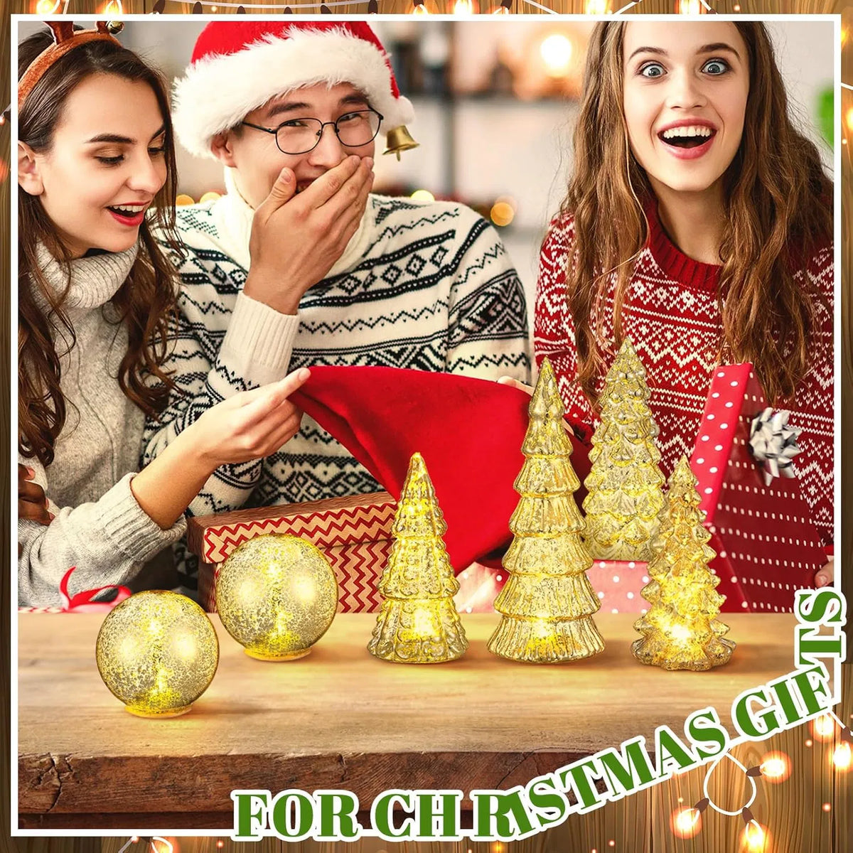6 Pcs Lighted Mercury Glass Christmas Tabletop Decor, LED Glowing Christmas Tree & Crackle Glass Globe Set, Golden Xmas Centerpiece Mantel Ornament for Holiday Home Party Gift