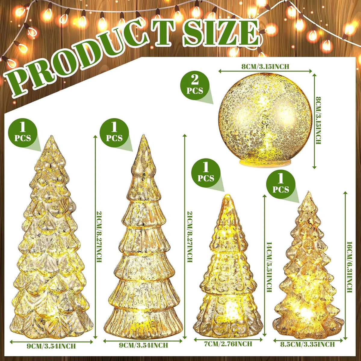 6 Pcs Lighted Mercury Glass Christmas Tabletop Decor, LED Glowing Christmas Tree & Crackle Glass Globe Set, Golden Xmas Centerpiece Mantel Ornament for Holiday Home Party Gift