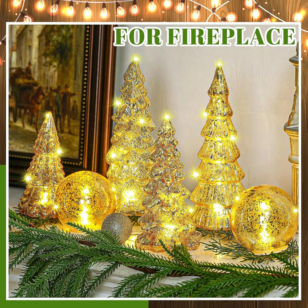 6 Pcs Lighted Mercury Glass Christmas Tabletop Decor, LED Glowing Christmas Tree & Crackle Glass Globe Set, Golden Xmas Centerpiece Mantel Ornament for Holiday Home Party Gift