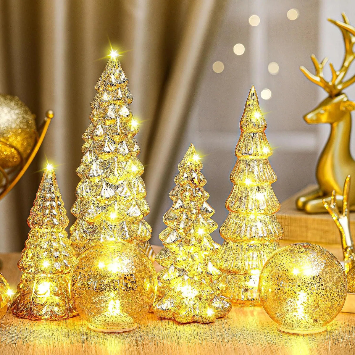 6 Pcs Lighted Mercury Glass Christmas Tabletop Decor, LED Glowing Christmas Tree & Crackle Glass Globe Set, Golden Xmas Centerpiece Mantel Ornament for Holiday Home Party Gift