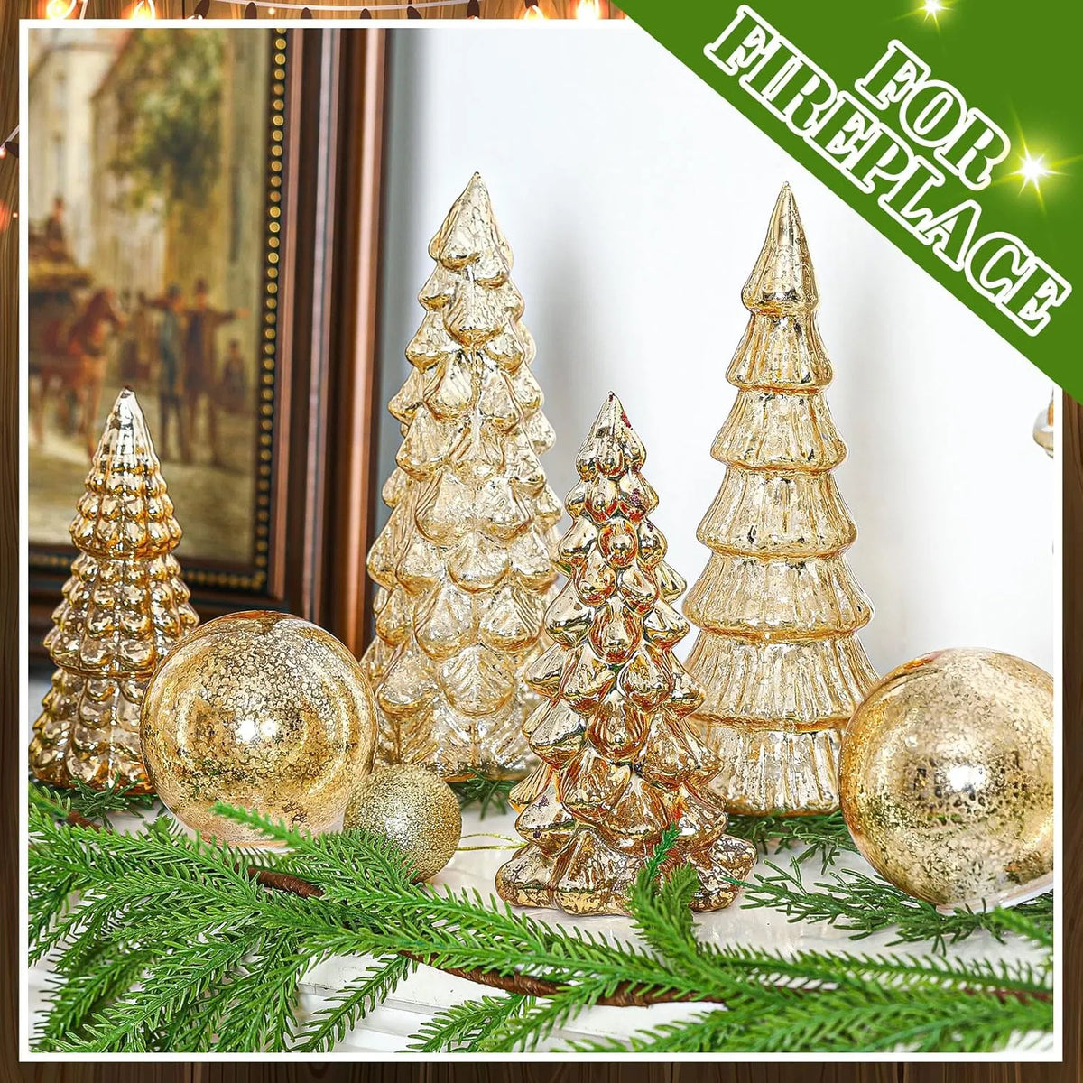 6 Pcs Lighted Mercury Glass Christmas Tabletop Decor, LED Glowing Christmas Tree & Crackle Glass Globe Set, Golden Xmas Centerpiece Mantel Ornament for Holiday Home Party Gift