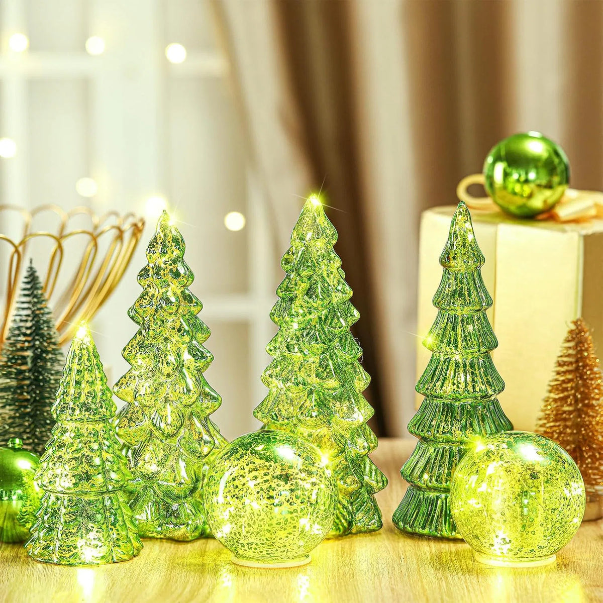 6 Pack Lighted Green Mercury Glass Christmas Tabletop Trees & Crackle Globe, Pre-lit LED Xmas Centerpiece Mantel Decor, Holiday Table Figurine Gift for Home Party