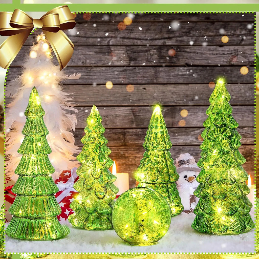 6 Pack Lighted Green Mercury Glass Christmas Tabletop Trees & Crackle Globe, Pre-lit LED Xmas Centerpiece Mantel Decor, Holiday Table Figurine Gift for Home Party