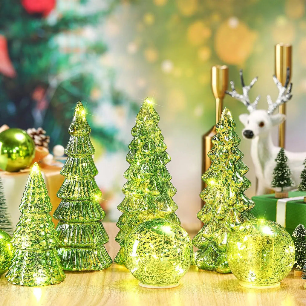 6 Pack Lighted Green Mercury Glass Christmas Tabletop Trees & Crackle Globe, Pre-lit LED Xmas Centerpiece Mantel Decor, Holiday Table Figurine Gift for Home Party