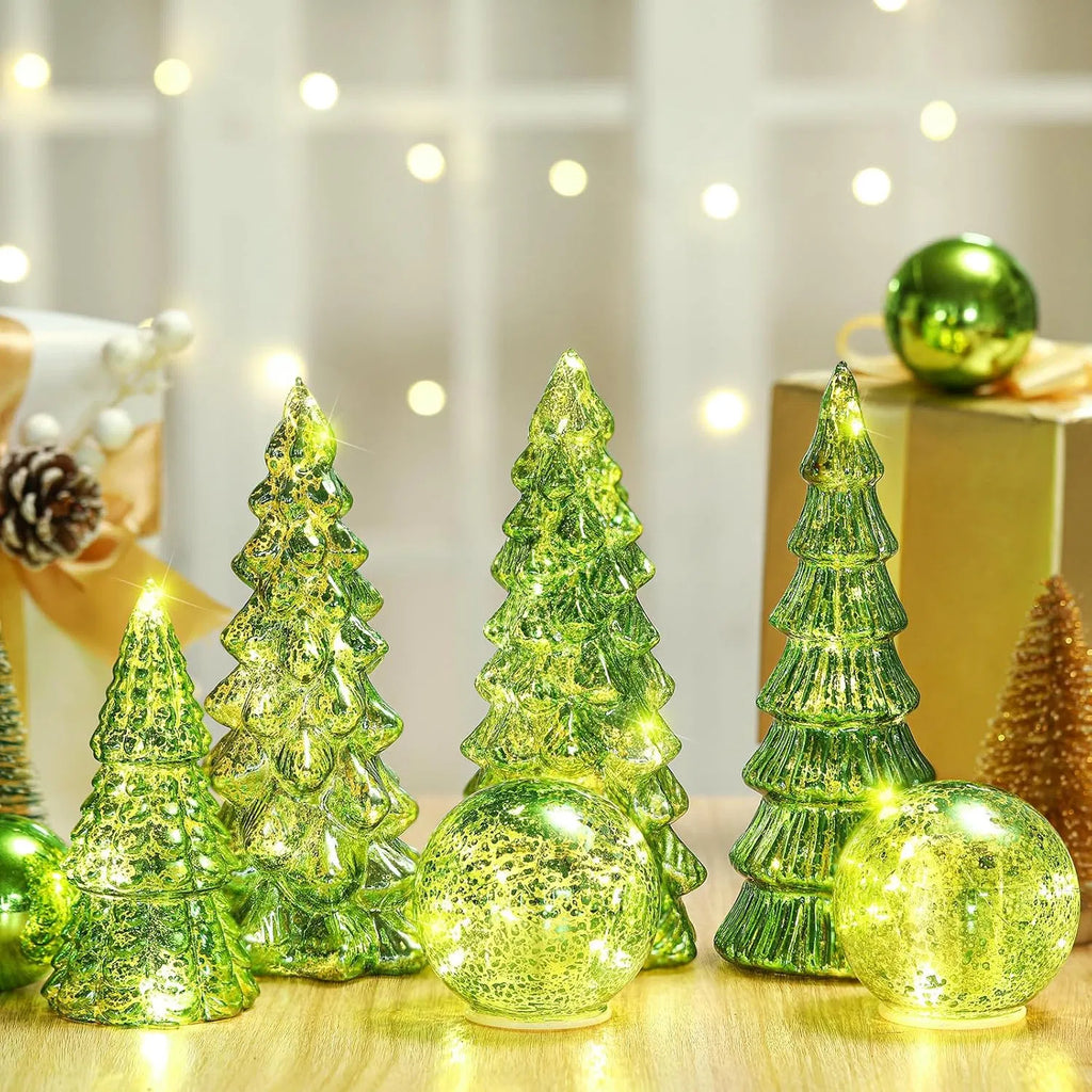 6 Pack Lighted Green Mercury Glass Christmas Tabletop Trees & Crackle Globe, Pre-lit LED Xmas Centerpiece Mantel Decor, Holiday Table Figurine Gift for Home Party
