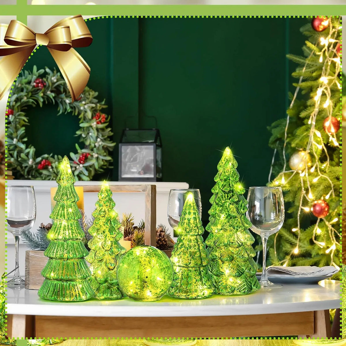 6 Pack Lighted Green Mercury Glass Christmas Tabletop Trees & Crackle Globe, Pre-lit LED Xmas Centerpiece Mantel Decor, Holiday Table Figurine Gift for Home Party