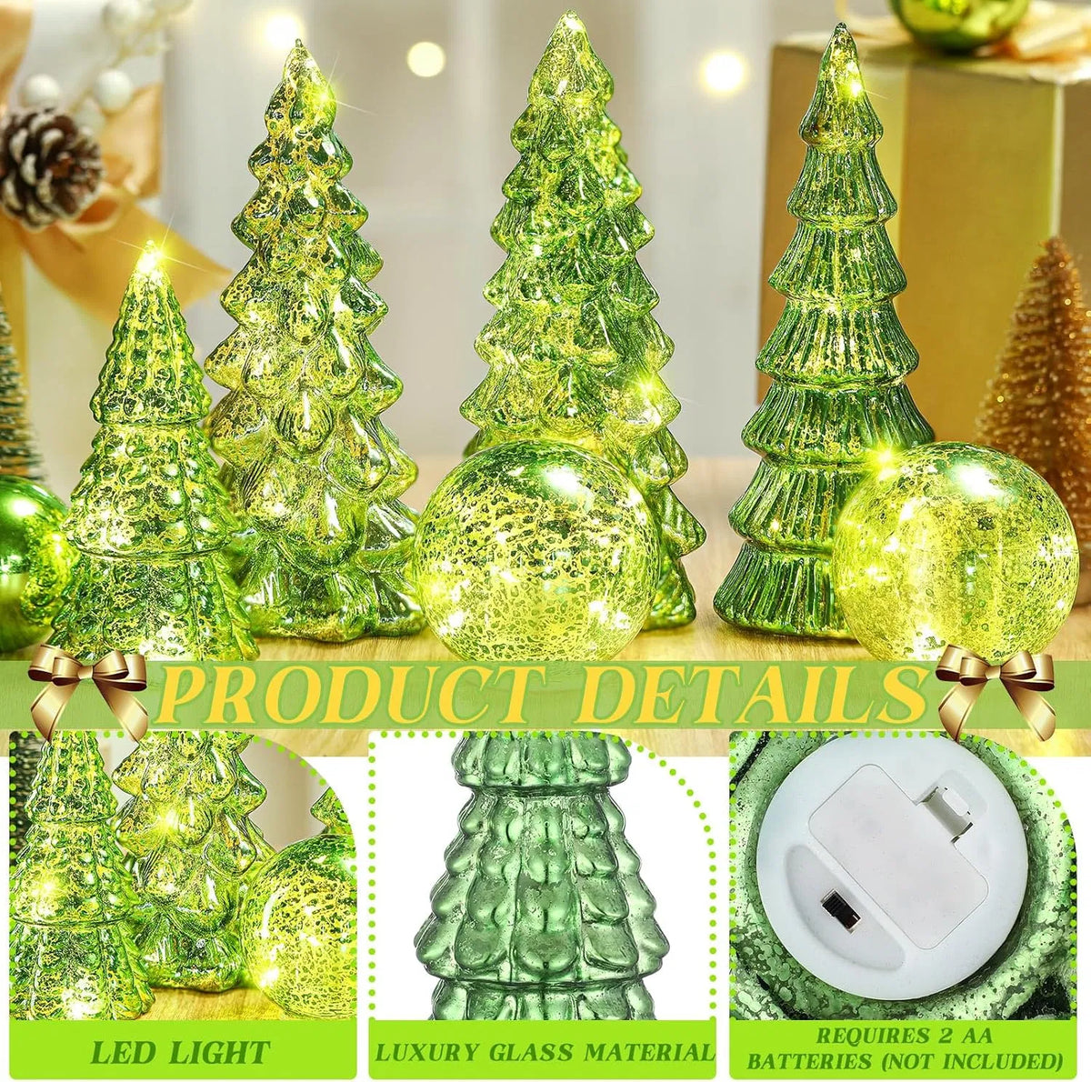 6 Pack Lighted Green Mercury Glass Christmas Tabletop Trees & Crackle Globe, Pre-lit LED Xmas Centerpiece Mantel Decor, Holiday Table Figurine Gift for Home Party