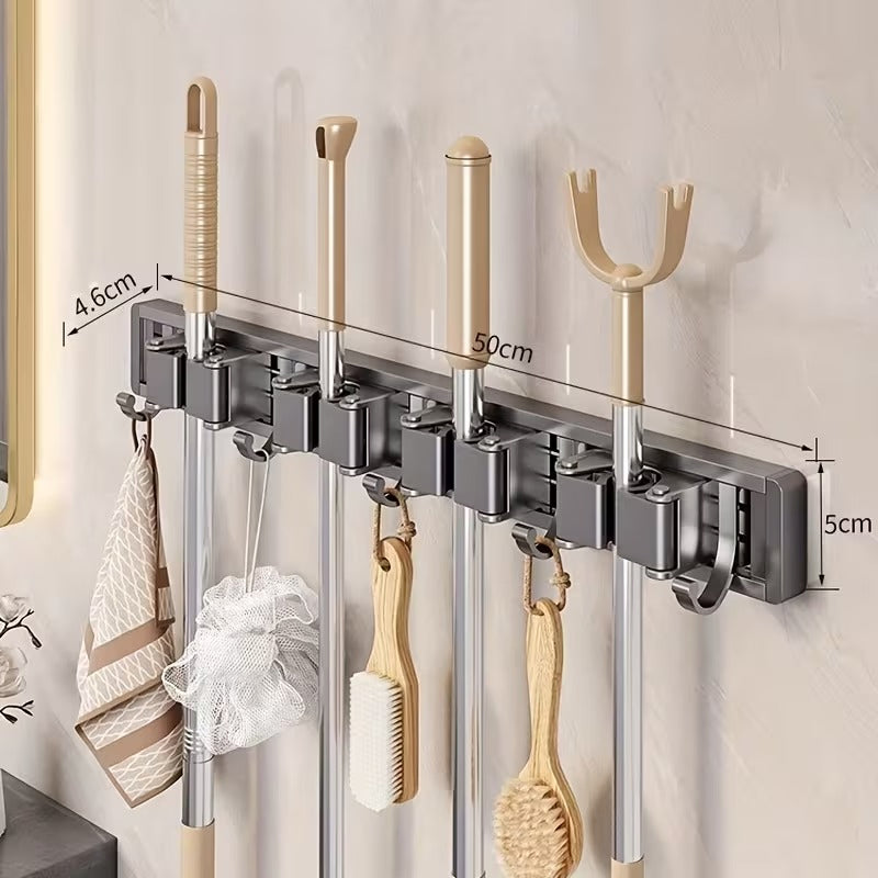 AEELLEEA 2 Pack Wall Mount Mop and Broom Holder, Adjustable Metal Cleaning Tool Rack with Hooks for Kitchen Garage Garden, Gray