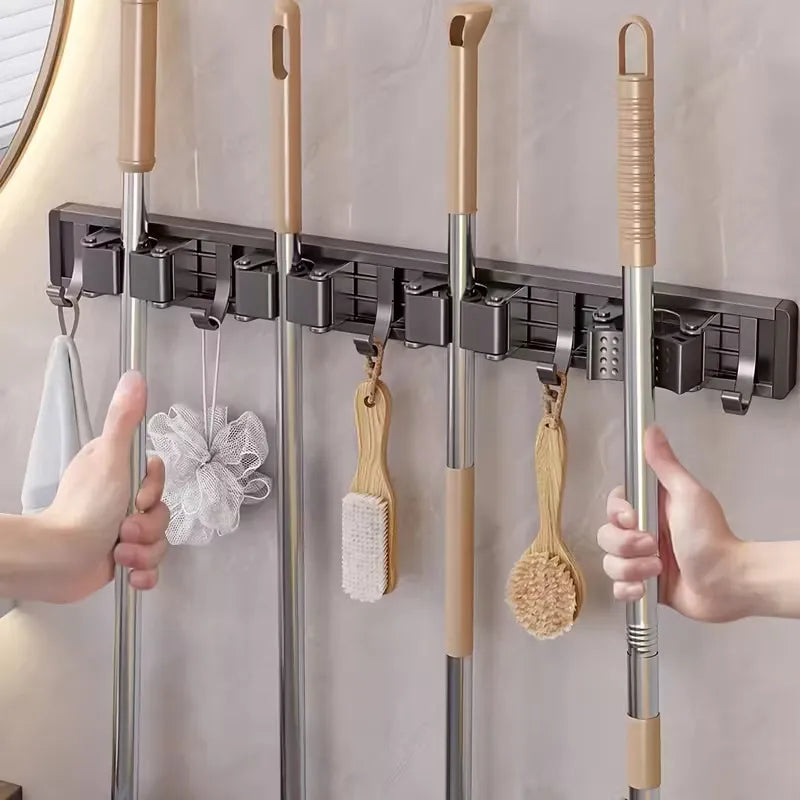 AEELLEEA 2 Pack Wall Mount Mop and Broom Holder, Adjustable Metal Cleaning Tool Rack with Hooks for Kitchen Garage Garden, Gray