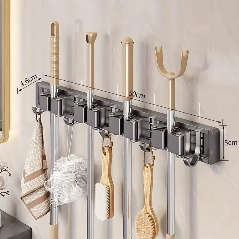 AEELLEEA 2 Pack Wall Mount Mop and Broom Holder, Adjustable Metal Cleaning Tool Rack with Hooks for Kitchen Garage Garden, Gray