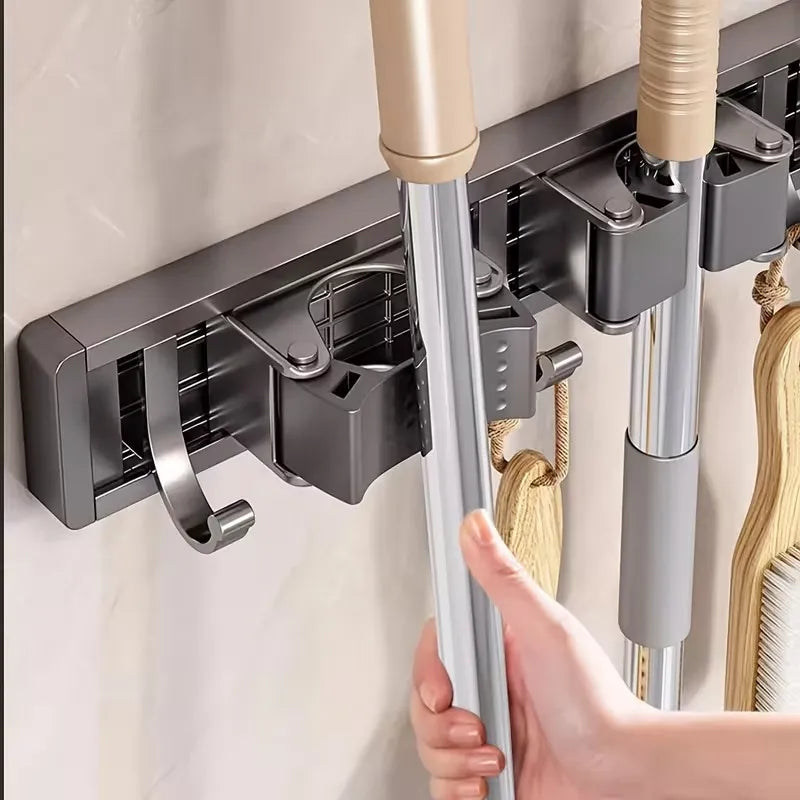 AEELLEEA 2 Pack Wall Mount Mop and Broom Holder, Adjustable Metal Cleaning Tool Rack with Hooks for Kitchen Garage Garden, Gray
