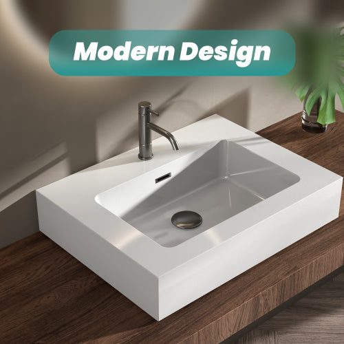 AEELLEEA 24 Inch Fireclay Vessel Sink, White Rectangular Bathroom Countertop Sink with Overflow Hole, Modern Solid Fireclay Vanity Sink for Bathroom