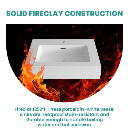 AEELLEEA 24 Inch Fireclay Vessel Sink, White Rectangular Bathroom Countertop Sink with Overflow Hole, Modern Solid Fireclay Vanity Sink for Bathroom