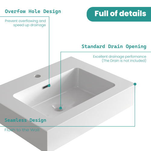 AEELLEEA 24 Inch Fireclay Vessel Sink, White Rectangular Bathroom Countertop Sink with Overflow Hole, Modern Solid Fireclay Vanity Sink for Bathroom
