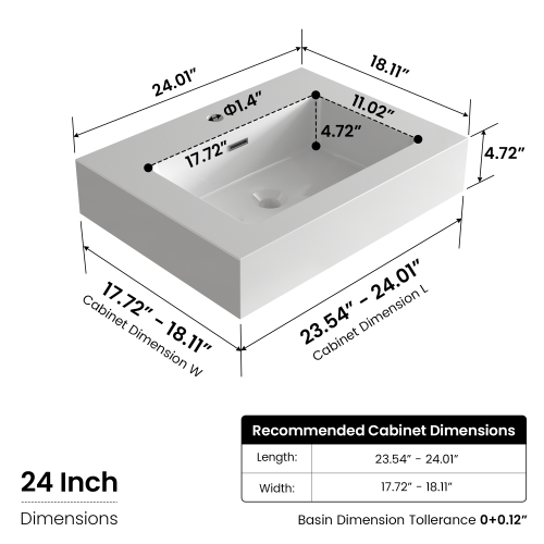 AEELLEEA 24 Inch Fireclay Vessel Sink, White Rectangular Bathroom Countertop Sink with Overflow Hole, Modern Solid Fireclay Vanity Sink for Bathroom