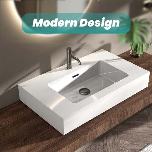 AEELLEEA 30 Inch Fireclay Vessel Sink, White Rectangular Bathroom Countertop Sink with Overflow Hole, Modern Solid Fireclay Vanity Sink for Bathroom