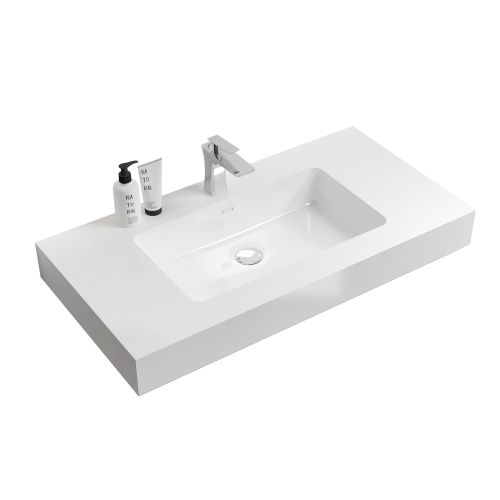 AEELLEEA 36 Inch Fireclay Vessel Sink, White Rectangular Integrated Bathroom Vanity Sink with Overflow Hole, Modern Countertop Sink for Bathroom