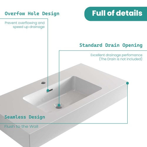 AEELLEEA 36 Inch Fireclay Vessel Sink, White Rectangular Integrated Bathroom Vanity Sink with Overflow Hole, Modern Countertop Sink for Bathroom