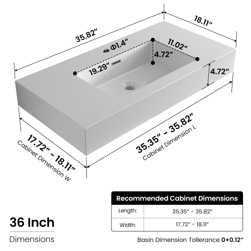 AEELLEEA 36 Inch Fireclay Vessel Sink, White Rectangular Integrated Bathroom Vanity Sink with Overflow Hole, Modern Countertop Sink for Bathroom