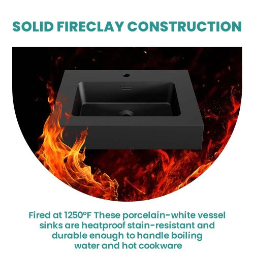 AEELLEEA 24 Inch Matte Black Fireclay Vessel Sink, Rectangular Integrated Bathroom Vanity Sink with Overflow Hole, Modern Countertop Sink