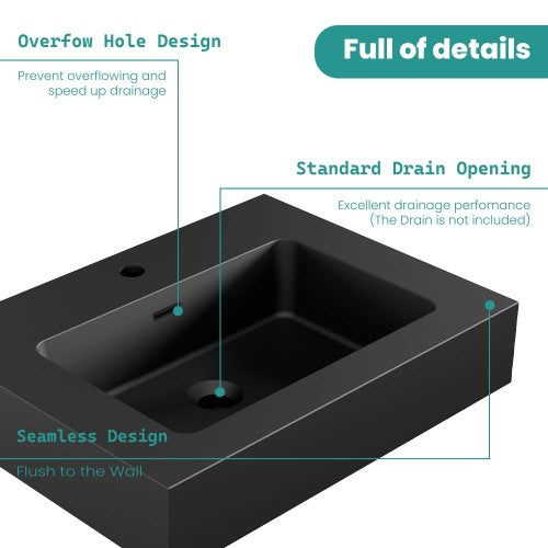 AEELLEEA 24 Inch Matte Black Fireclay Vessel Sink, Rectangular Integrated Bathroom Vanity Sink with Overflow Hole, Modern Countertop Sink