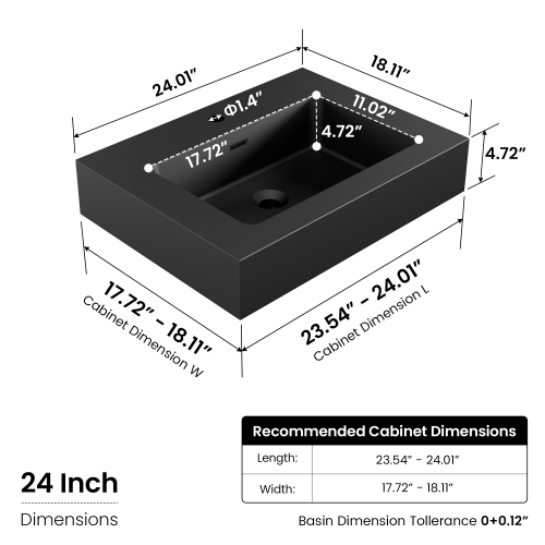 AEELLEEA 24 Inch Matte Black Fireclay Vessel Sink, Rectangular Integrated Bathroom Vanity Sink with Overflow Hole, Modern Countertop Sink