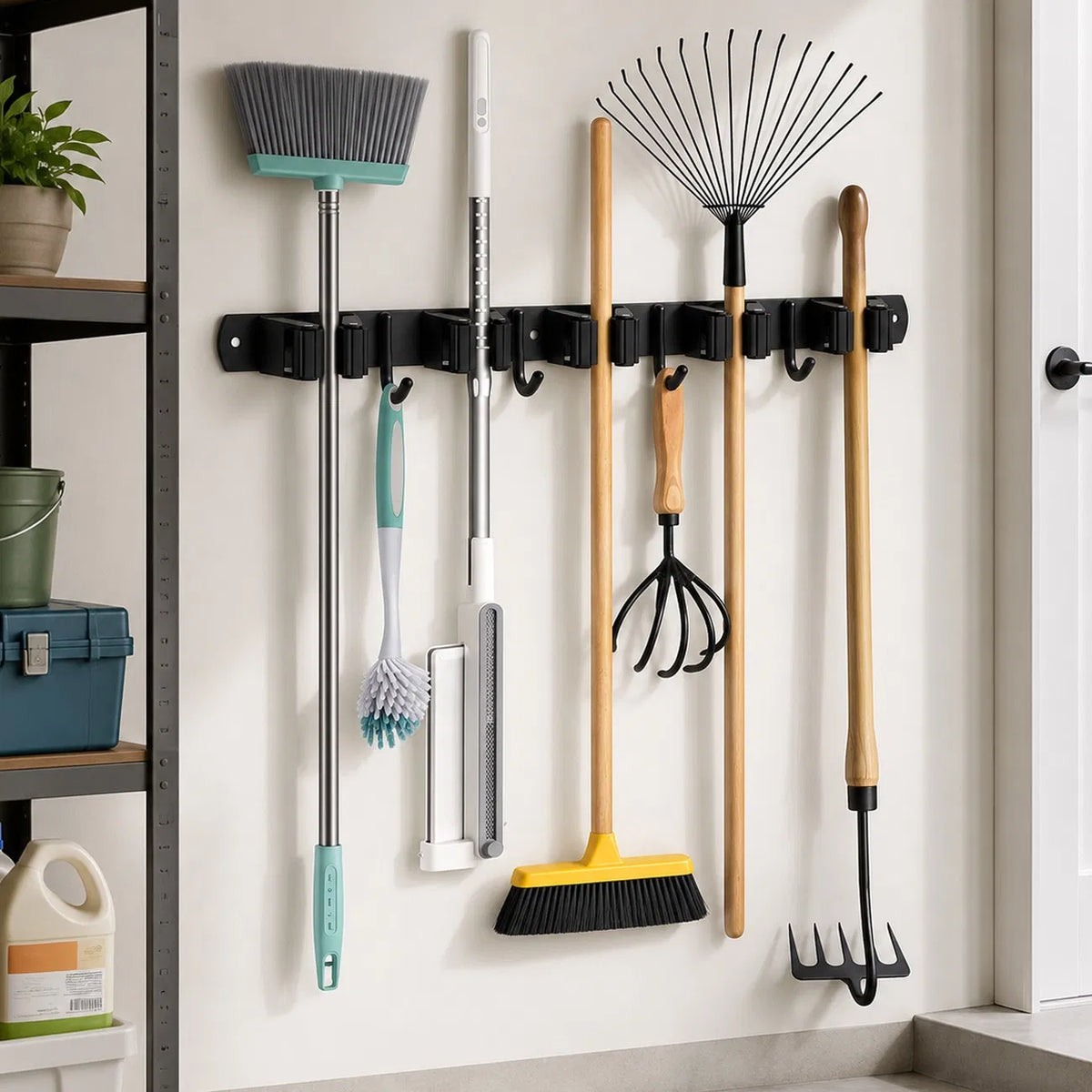 AEELLEEA 17 in Wall Mount Broom Mop Holder, Stainless Steel Tool Rack with 5 Grippers 4 Hooks, Self Adhesive or Screws, Black