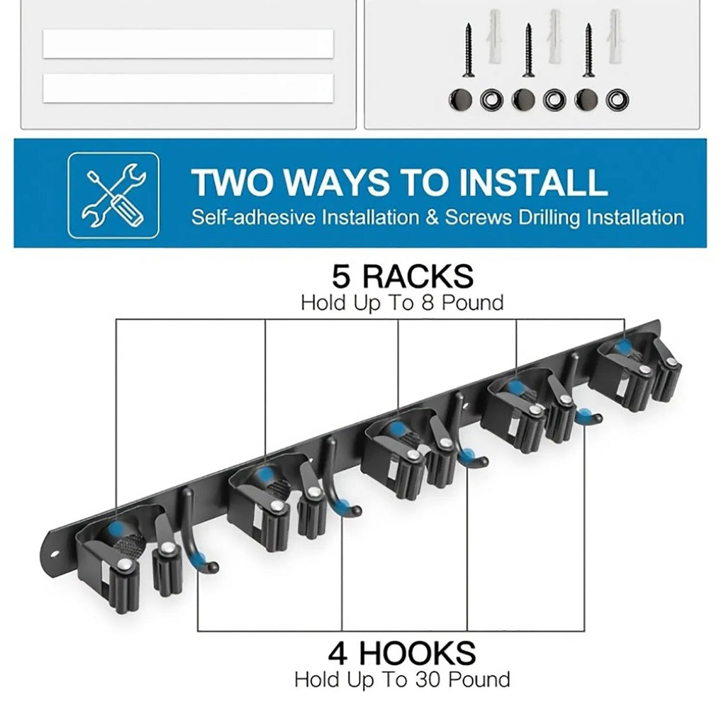 AEELLEEA 17 in Wall Mount Broom Mop Holder, Stainless Steel Tool Rack with 5 Grippers 4 Hooks, Self Adhesive or Screws, Black