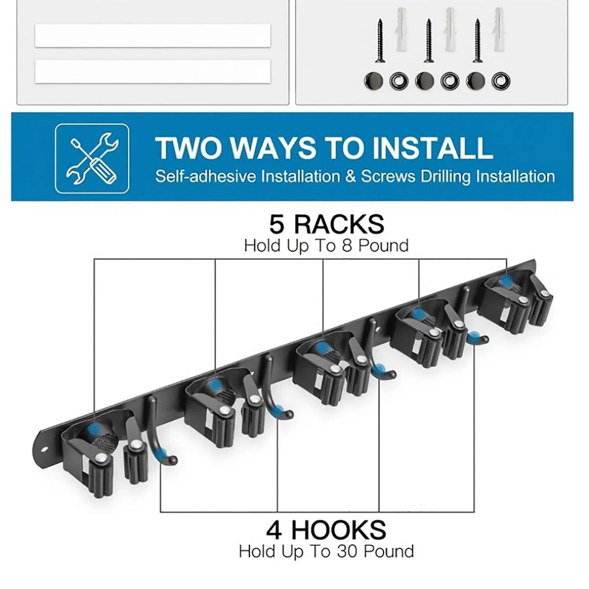 AEELLEEA 17 in Wall Mount Broom Mop Holder, Stainless Steel Tool Rack with 5 Grippers 4 Hooks, Self Adhesive or Screws, Black