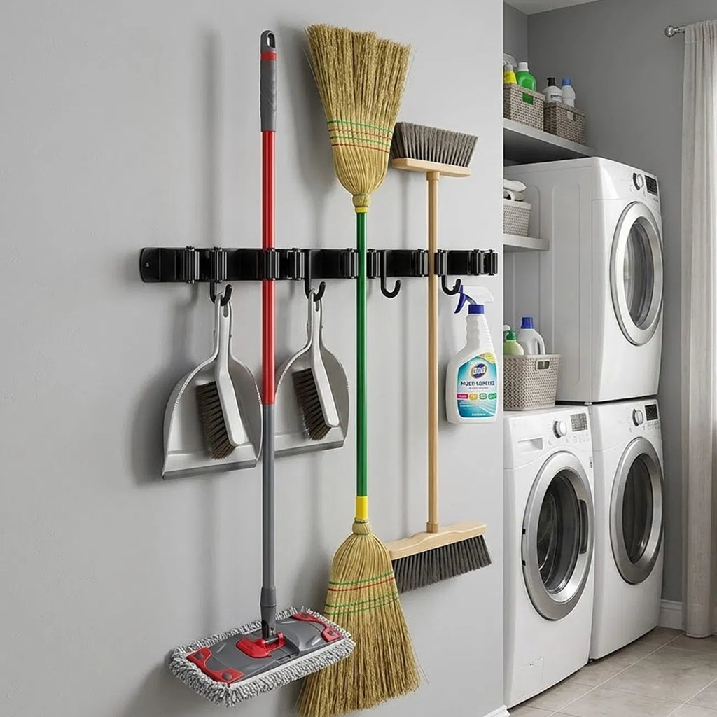 AEELLEEA 17 in Wall Mount Broom Mop Holder, Stainless Steel Tool Rack with 5 Grippers 4 Hooks, Self Adhesive or Screws, Black