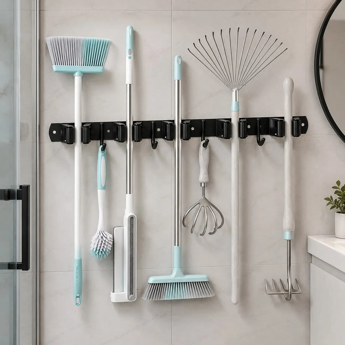 AEELLEEA 17 in Wall Mount Broom Mop Holder, Stainless Steel Tool Rack with 5 Grippers 4 Hooks, Self Adhesive or Screws, Black