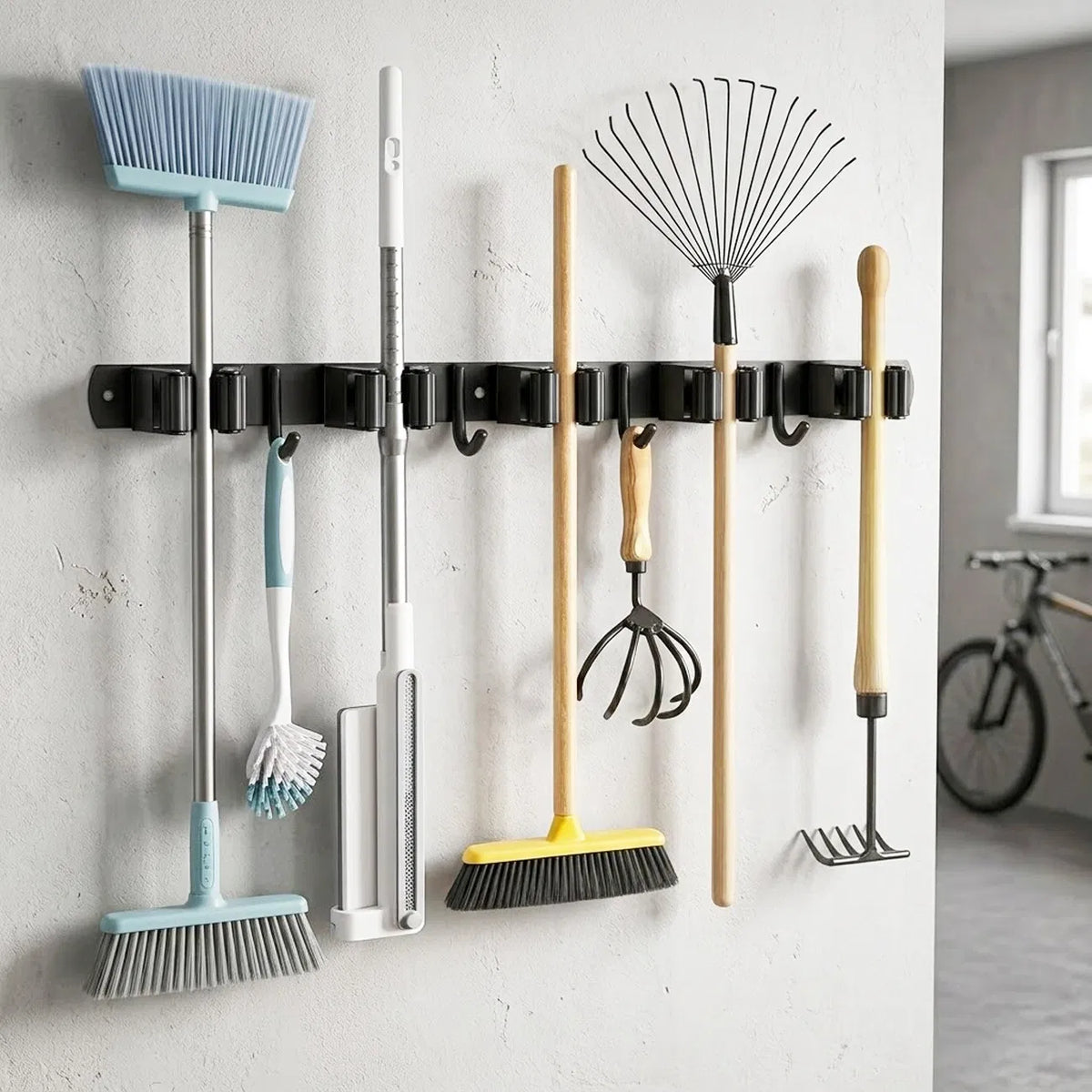 AEELLEEA 17 in Wall Mount Broom Mop Holder, Stainless Steel Tool Rack with 5 Grippers 4 Hooks, Self Adhesive or Screws, Black