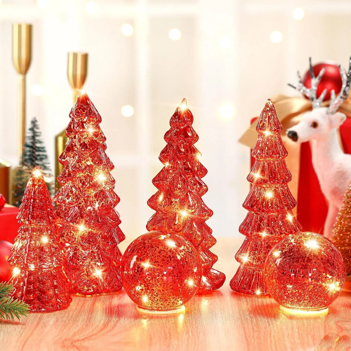 6 Pack Lighted Mercury Glass Christmas Tabletop Trees & Crackle Globe, Red Pre-lit LED Xmas Centerpiece Mantel Decor for Holiday Home Party Christmas Gift