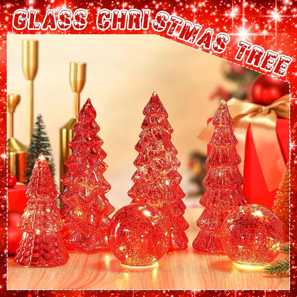 6 Pack Lighted Mercury Glass Christmas Tabletop Trees & Crackle Globe, Red Pre-lit LED Xmas Centerpiece Mantel Decor for Holiday Home Party Christmas Gift