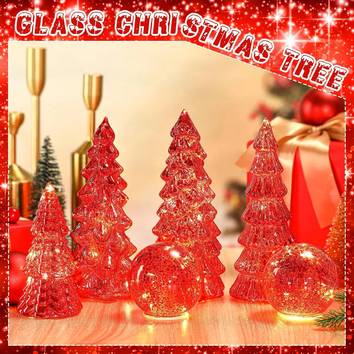 6 Pack Lighted Mercury Glass Christmas Tabletop Trees & Crackle Globe, Red Pre-lit LED Xmas Centerpiece Mantel Decor for Holiday Home Party Christmas Gift