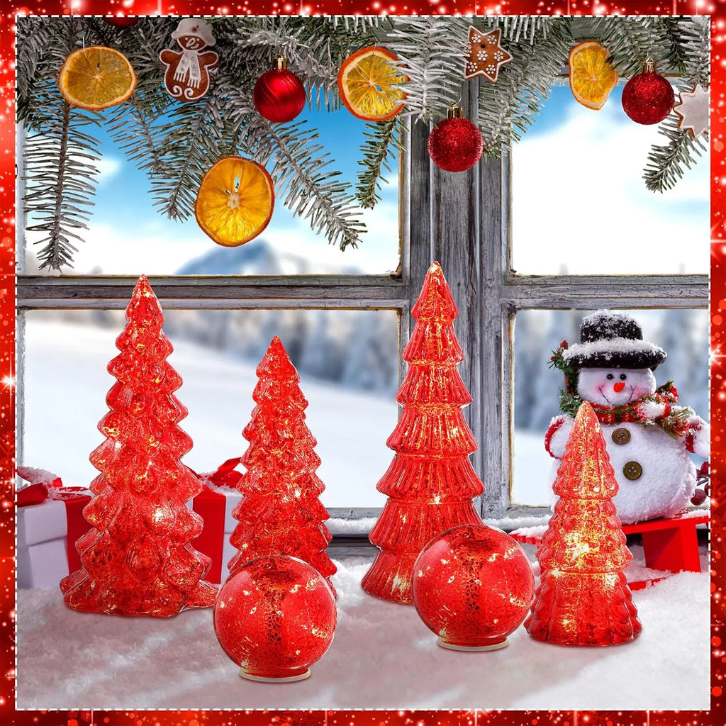 6 Pack Lighted Mercury Glass Christmas Tabletop Trees & Crackle Globe, Red Pre-lit LED Xmas Centerpiece Mantel Decor for Holiday Home Party Christmas Gift