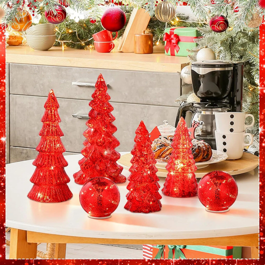 6 Pack Lighted Mercury Glass Christmas Tabletop Trees & Crackle Globe, Red Pre-lit LED Xmas Centerpiece Mantel Decor for Holiday Home Party Christmas Gift