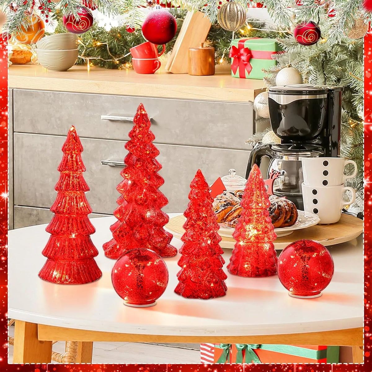 6 Pack Lighted Mercury Glass Christmas Tabletop Trees & Crackle Globe, Red Pre-lit LED Xmas Centerpiece Mantel Decor for Holiday Home Party Christmas Gift