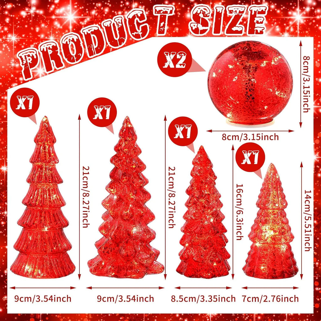 6 Pack Lighted Mercury Glass Christmas Tabletop Trees & Crackle Globe, Red Pre-lit LED Xmas Centerpiece Mantel Decor for Holiday Home Party Christmas Gift